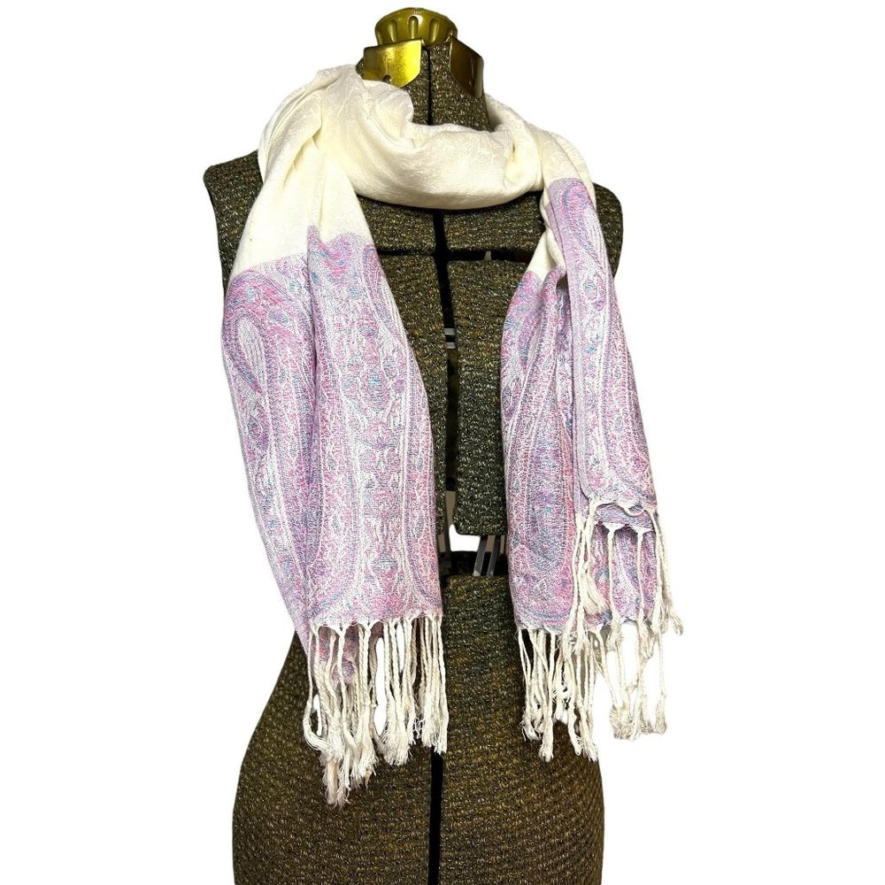 Purple White Tassel Fringe Womens Fashion Scarf 70" Rectangle Paisley